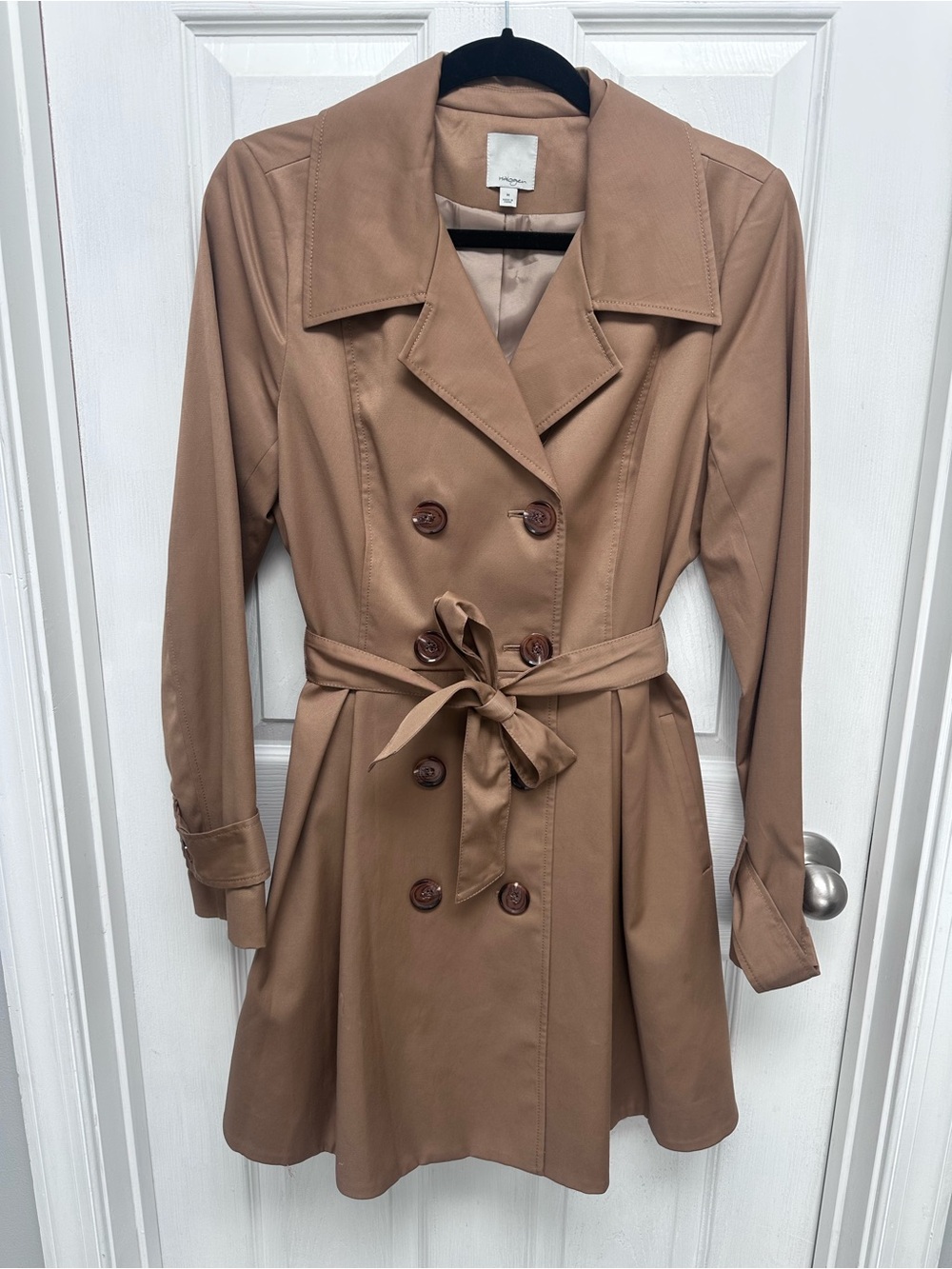 Halogen Tan Double-Breasted Trench Dress with Waist Tie